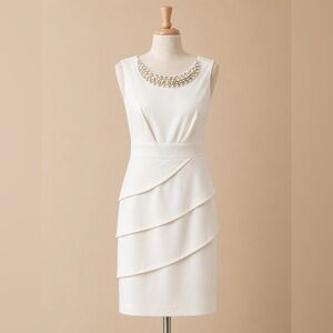 Connected Apparel Ivory Pearl Neck Sheath Dress| Elegant Layered Cocktail Dress